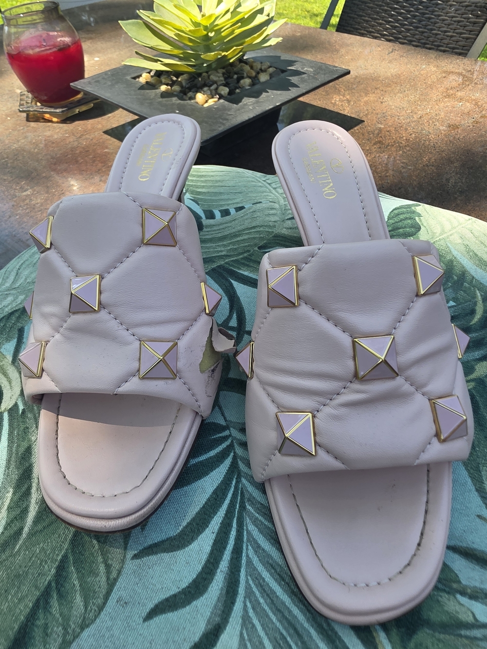 Valentino Blush Quilted Leather Slide Mules with Gold Pyramid Studs